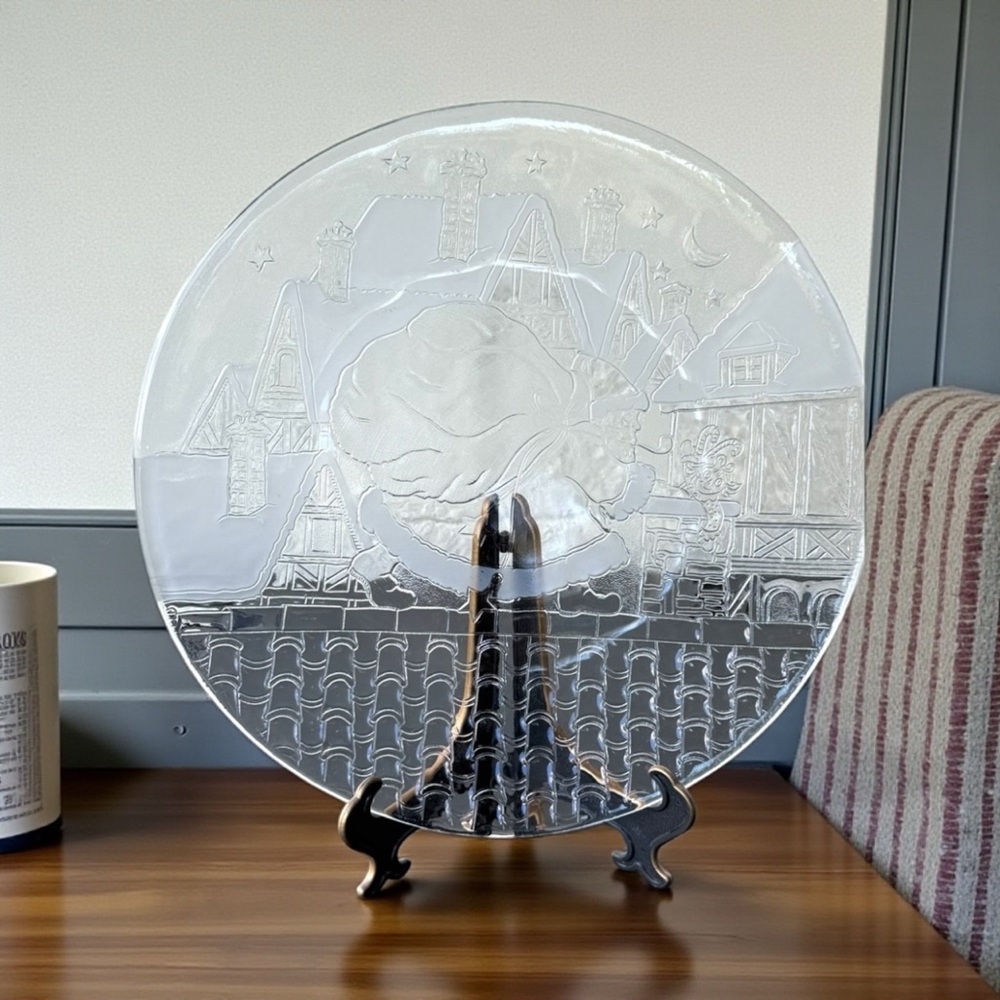 Neiman Marcus Vintage Clear Glass Christmas Platter Santa Village PRICE DROP